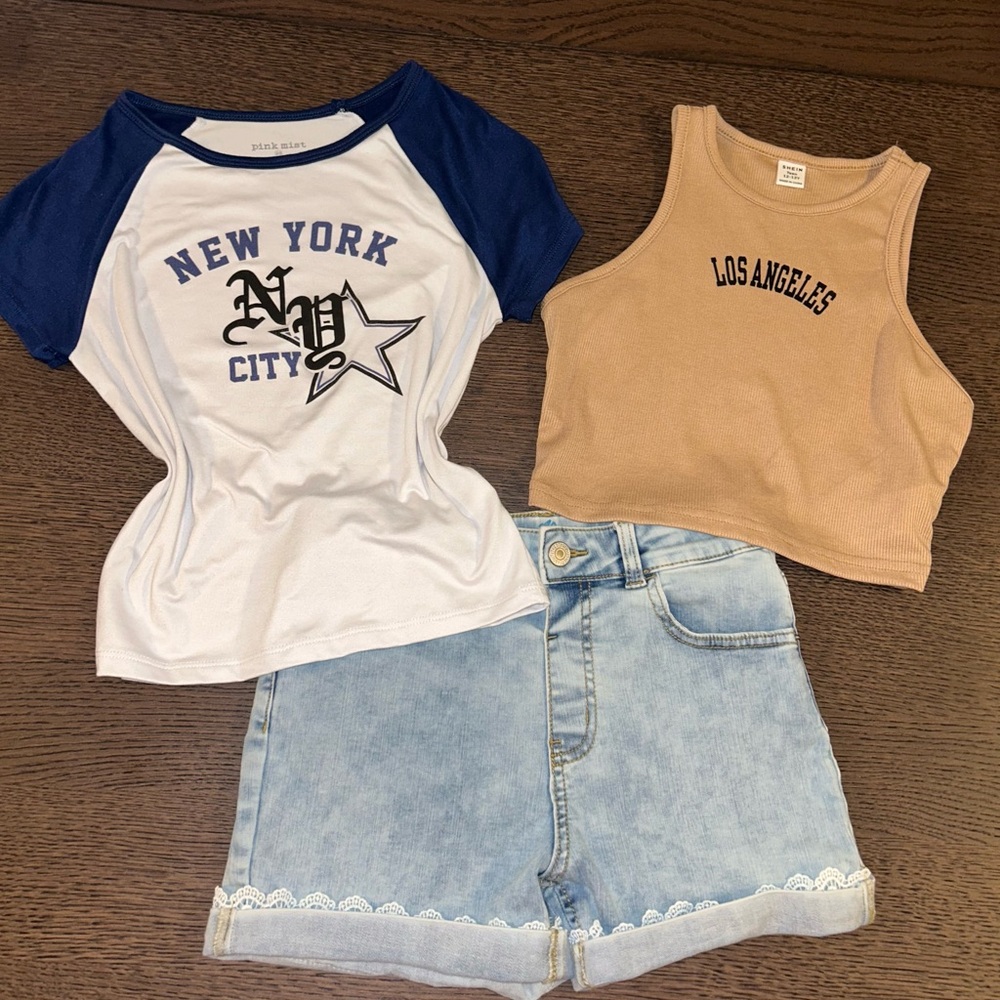 3 Pieces Bundle Blue and White Short Sleeve Tee, Beige Crop Top And Short Sz 12